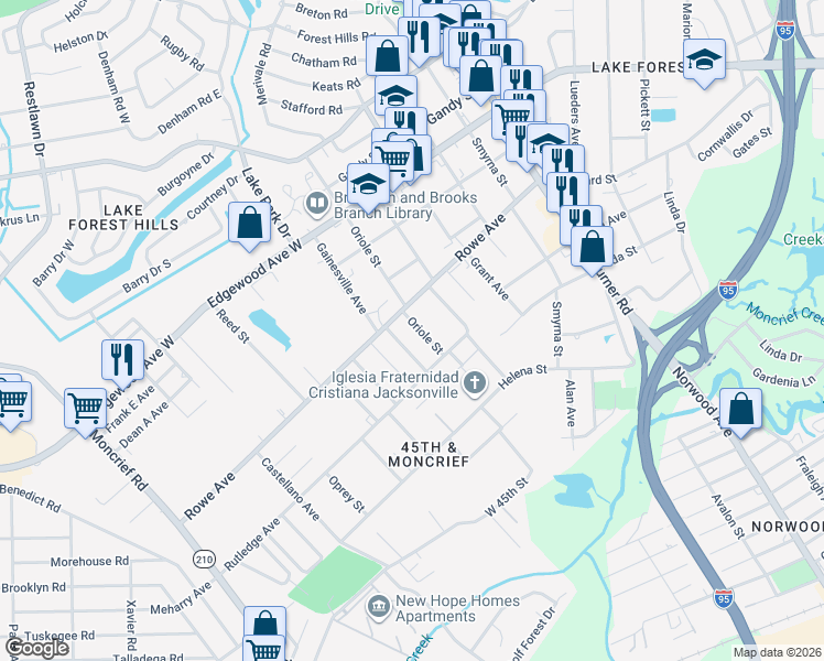 map of restaurants, bars, coffee shops, grocery stores, and more near 7463 Oriole Street in Jacksonville