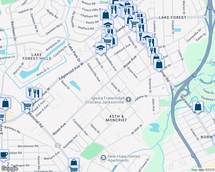 map of restaurants, bars, coffee shops, grocery stores, and more near 1759 Rowe Avenue in Jacksonville