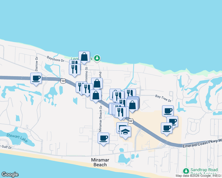 map of restaurants, bars, coffee shops, grocery stores, and more near 88 Legion Park Loop in Miramar Beach