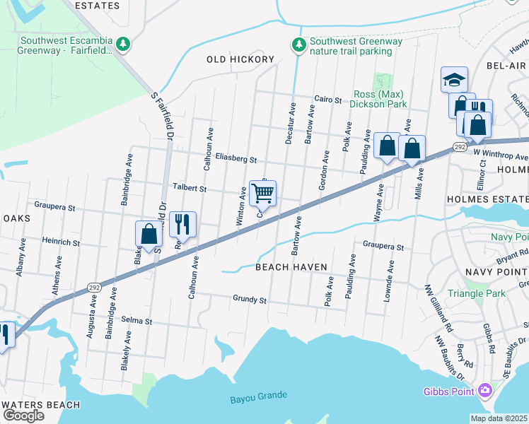 map of restaurants, bars, coffee shops, grocery stores, and more near 2200 Talbert Street in Pensacola