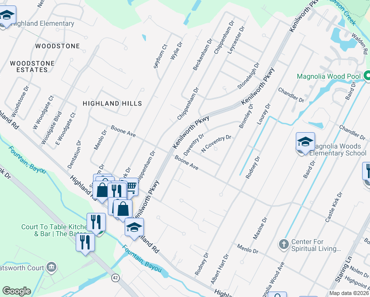 map of restaurants, bars, coffee shops, grocery stores, and more near 727 Daventry Drive in Baton Rouge
