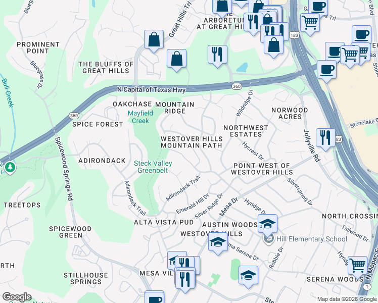 map of restaurants, bars, coffee shops, grocery stores, and more near 4303 Mountain Path Drive in Austin