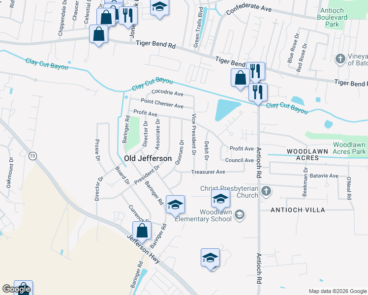 map of restaurants, bars, coffee shops, grocery stores, and more near 7411 Quorum Drive in Baton Rouge