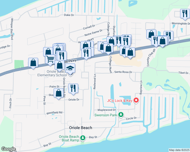 map of restaurants, bars, coffee shops, grocery stores, and more near 1258 Redwood Lane in Gulf Breeze