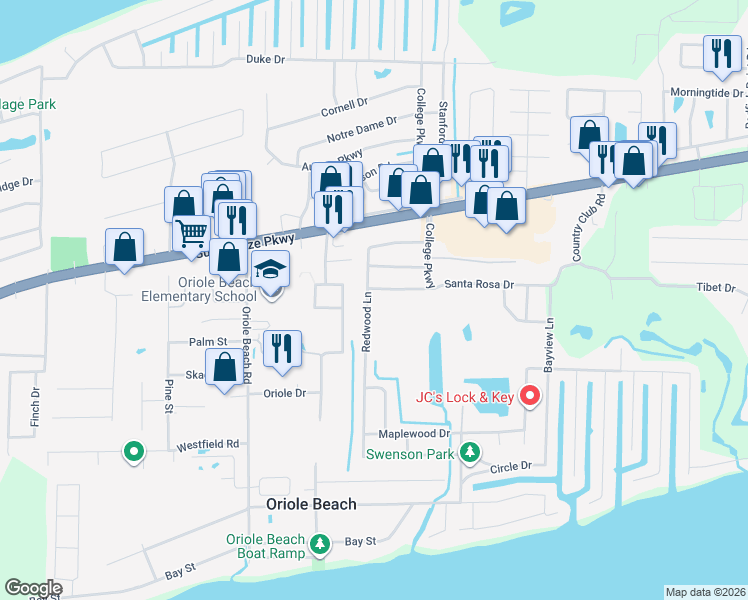 map of restaurants, bars, coffee shops, grocery stores, and more near 1258 Redwood Lane in Gulf Breeze