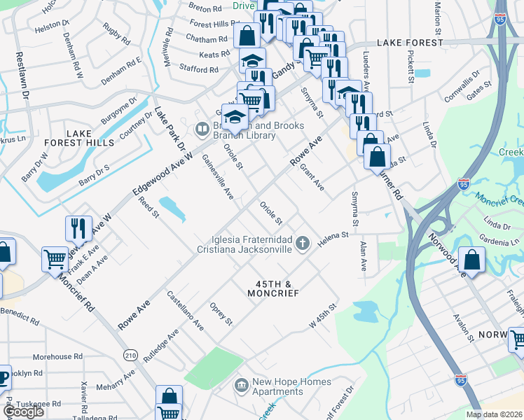 map of restaurants, bars, coffee shops, grocery stores, and more near 7463 Oriole Street in Jacksonville