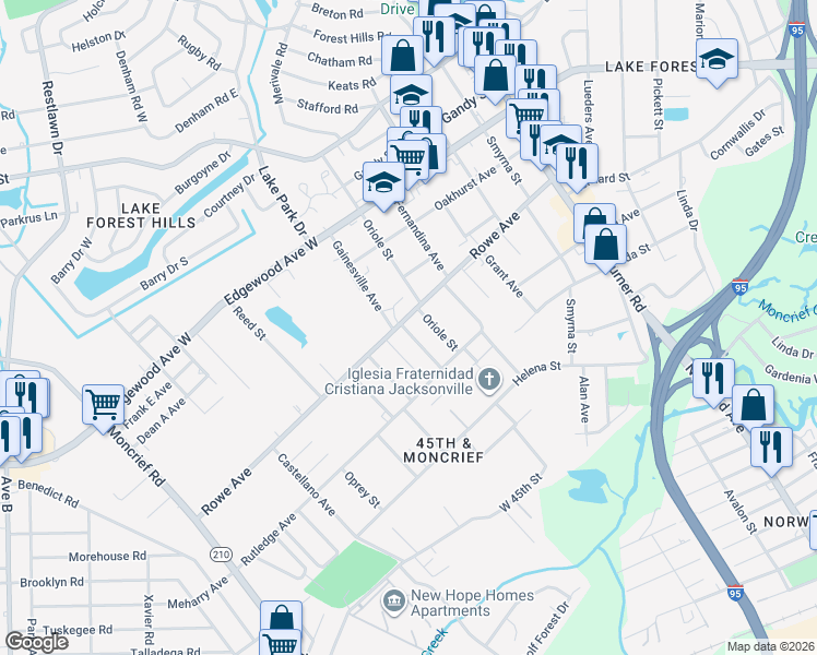 map of restaurants, bars, coffee shops, grocery stores, and more near 1759 Rowe Avenue in Jacksonville