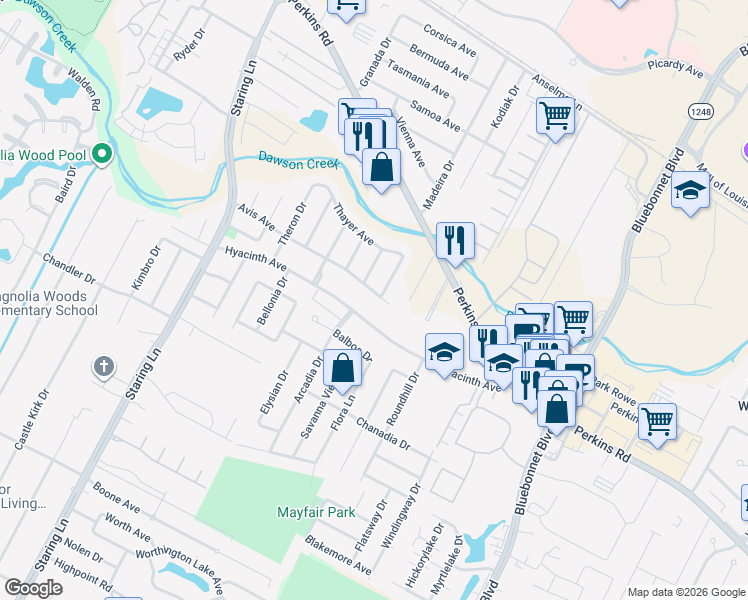 map of restaurants, bars, coffee shops, grocery stores, and more near 9527 Avis Avenue in Baton Rouge