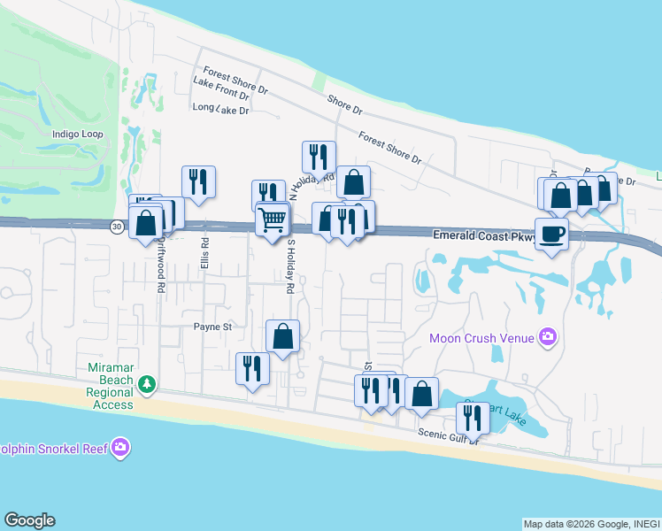 map of restaurants, bars, coffee shops, grocery stores, and more near 280 Business Centre Drive in Miramar Beach