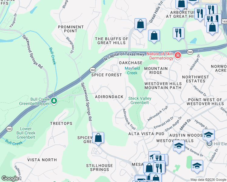 map of restaurants, bars, coffee shops, grocery stores, and more near 8527 Adirondack Trail in Austin