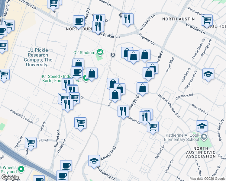 map of restaurants, bars, coffee shops, grocery stores, and more near 10220 Metropolitan Drive in Austin