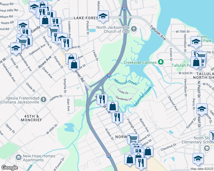 map of restaurants, bars, coffee shops, grocery stores, and more near 7023 Linda Drive in Jacksonville