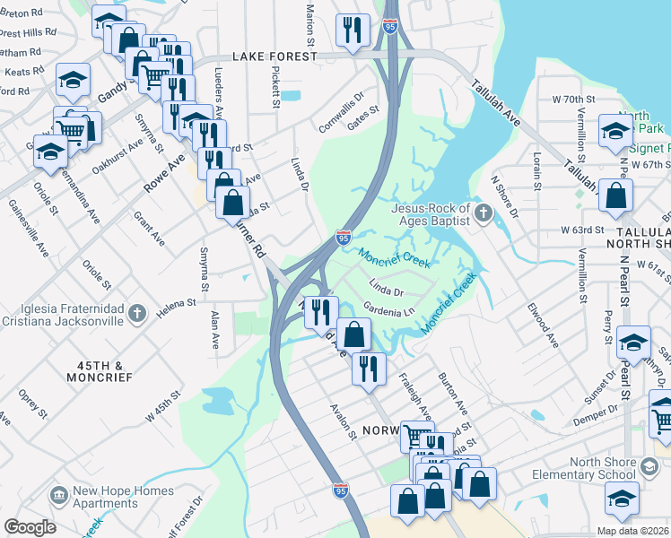 map of restaurants, bars, coffee shops, grocery stores, and more near 7023 Linda Drive in Jacksonville
