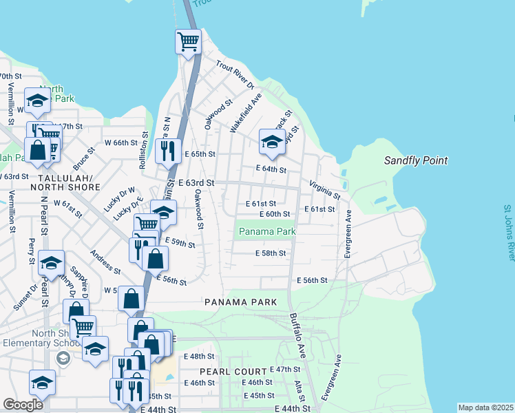 map of restaurants, bars, coffee shops, grocery stores, and more near 550 East 61st Street in Jacksonville
