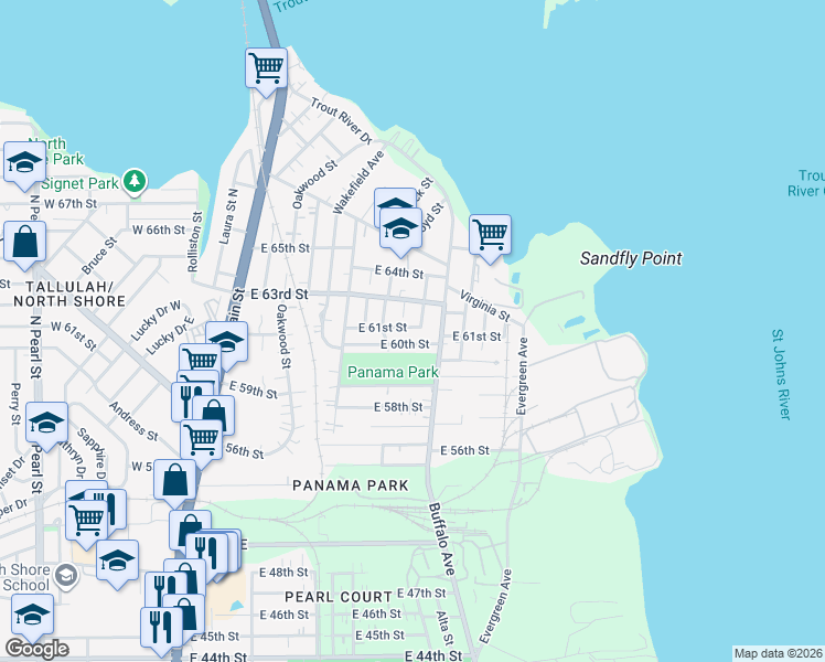 map of restaurants, bars, coffee shops, grocery stores, and more near 7114 Russell Street in Jacksonville