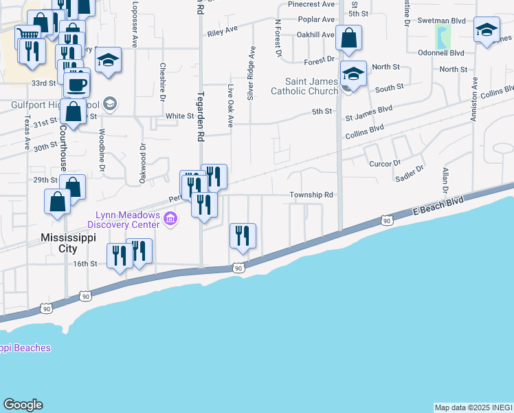 map of restaurants, bars, coffee shops, grocery stores, and more near 972-998 Township Road in Gulfport
