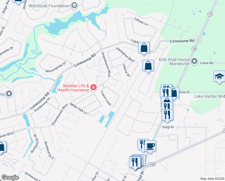 map of restaurants, bars, coffee shops, grocery stores, and more near 113 Pineridge Street West in Mandeville