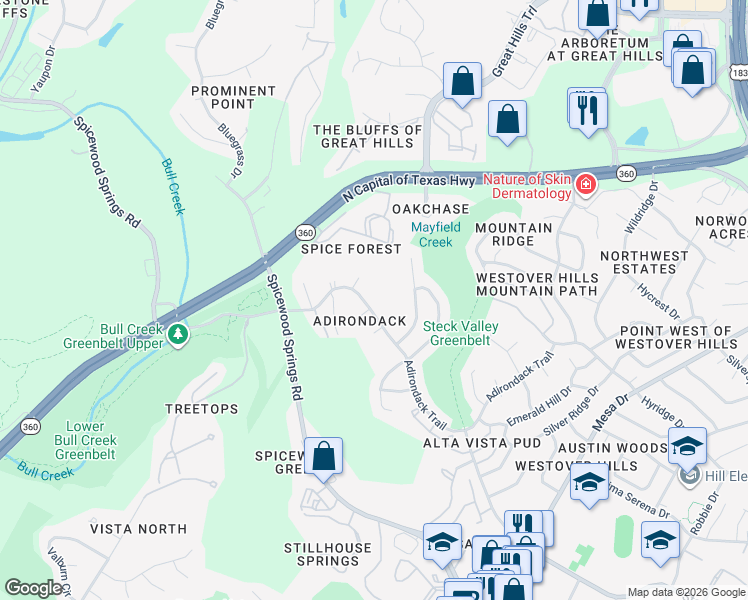 map of restaurants, bars, coffee shops, grocery stores, and more near 8527 Adirondack Trail in Austin
