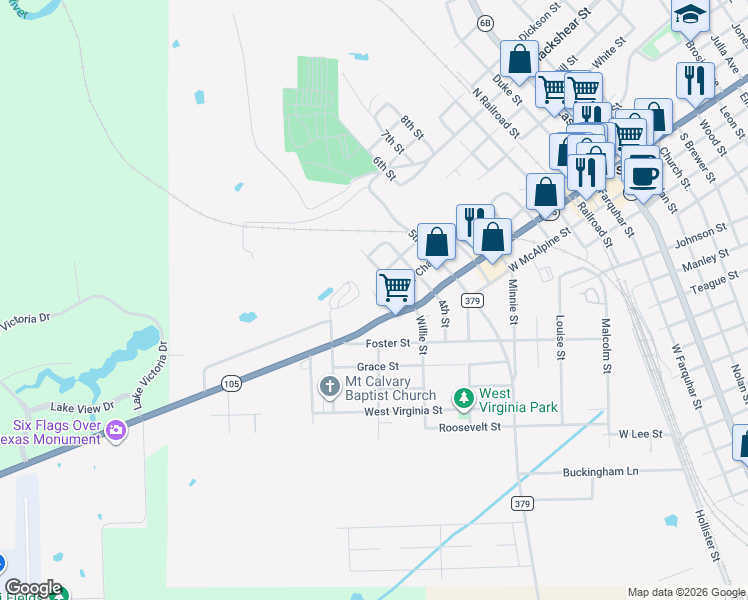 map of restaurants, bars, coffee shops, grocery stores, and more near 210 2nd Street in Navasota