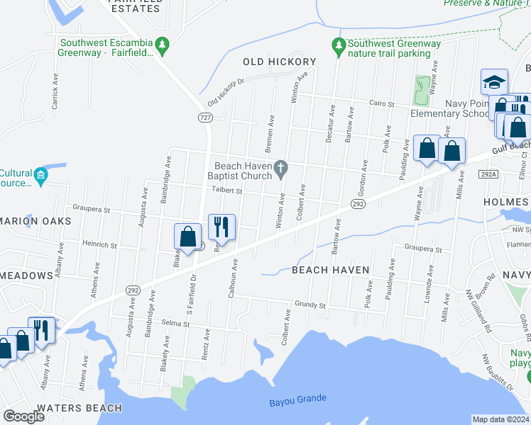 map of restaurants, bars, coffee shops, grocery stores, and more near 718 Bremen Avenue in Pensacola