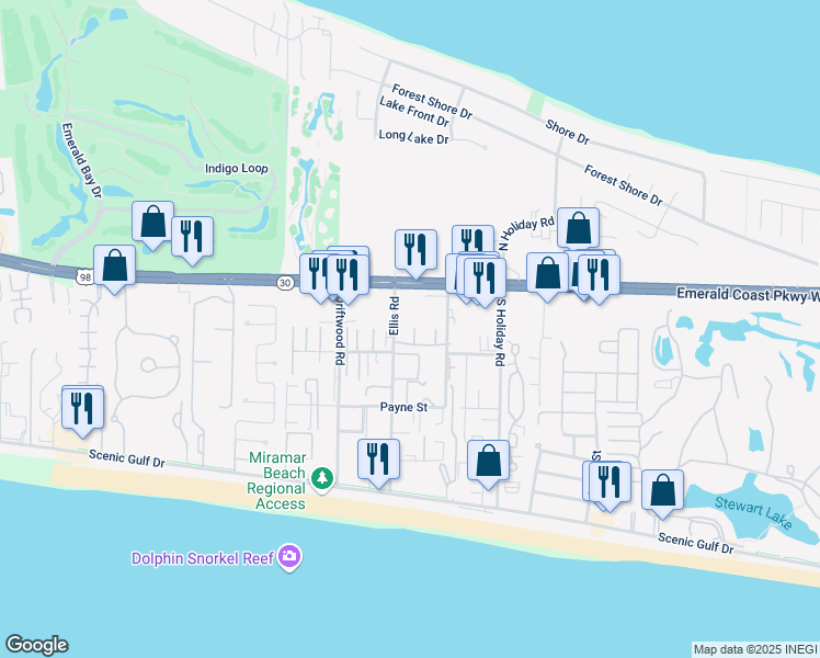 map of restaurants, bars, coffee shops, grocery stores, and more near 45 Professional Court in Miramar Beach