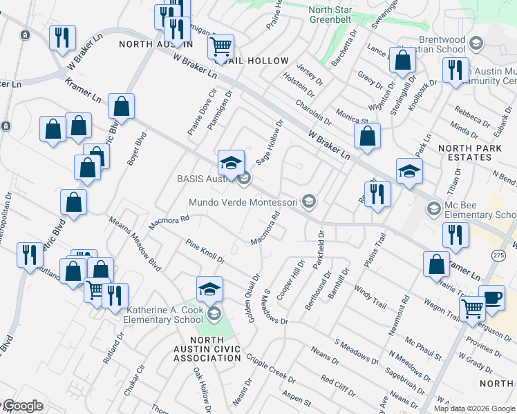 map of restaurants, bars, coffee shops, grocery stores, and more near 10805 Hermosillo Drive in Austin