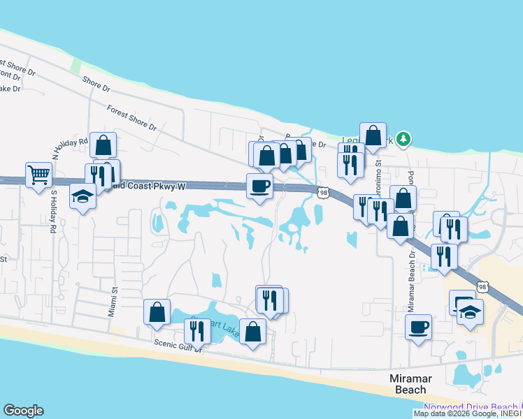 map of restaurants, bars, coffee shops, grocery stores, and more near 122 Seascape Drive in Miramar Beach