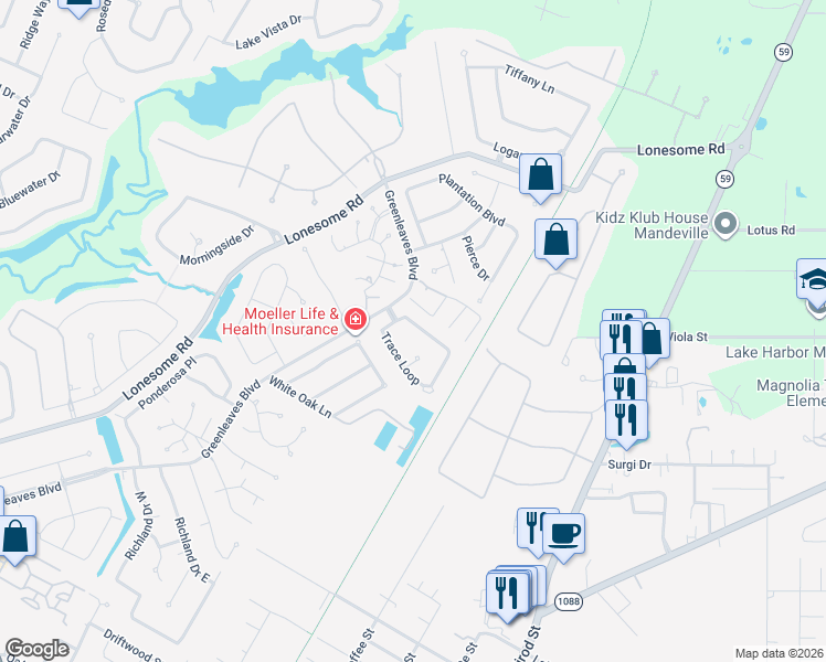 map of restaurants, bars, coffee shops, grocery stores, and more near 3 Trace Loop in Mandeville
