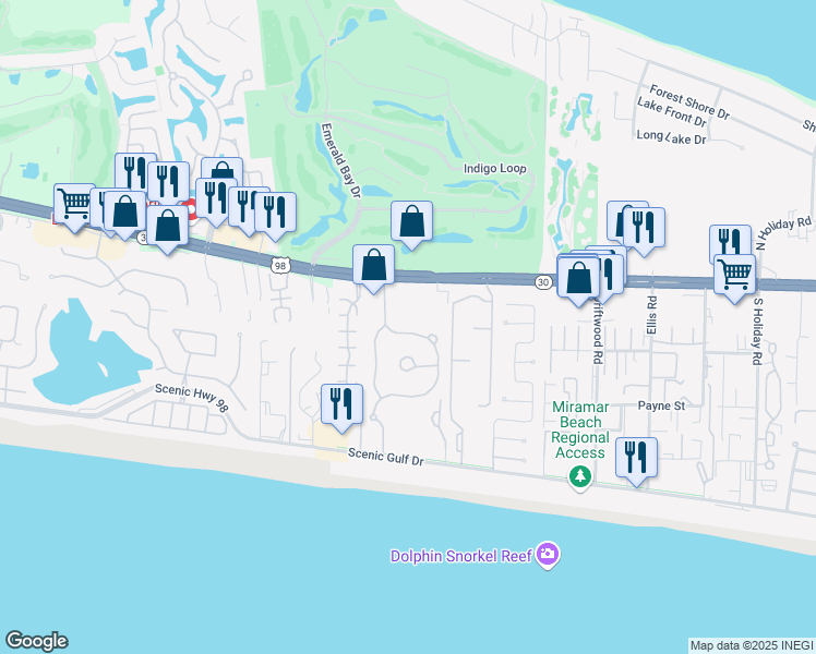 map of restaurants, bars, coffee shops, grocery stores, and more near 167 Sandy Cay Drive in Miramar Beach