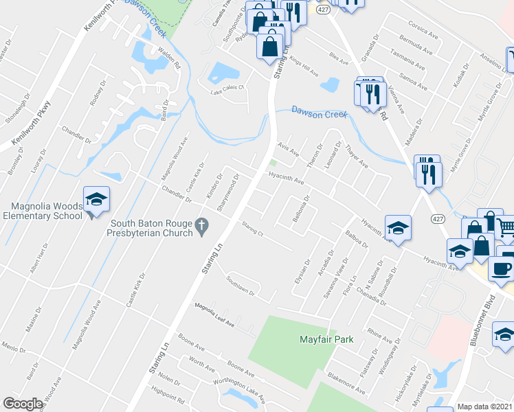 map of restaurants, bars, coffee shops, grocery stores, and more near 8947 Rickwood Drive in Baton Rouge