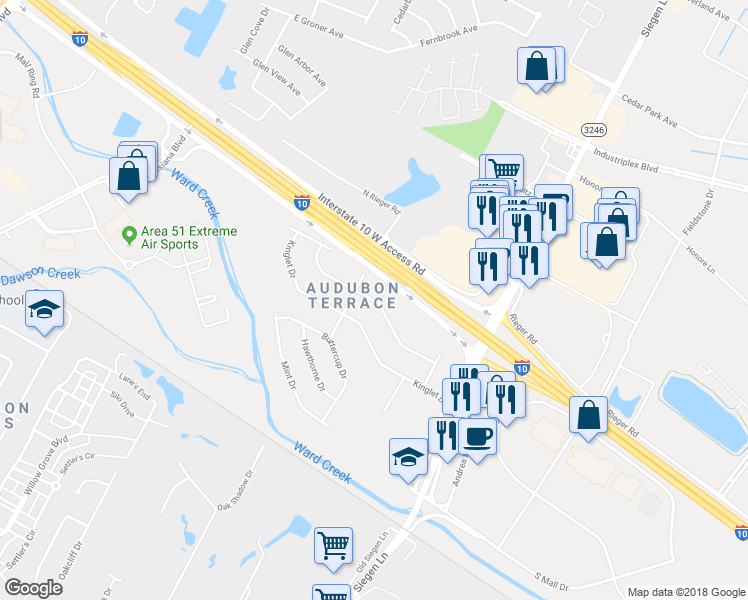map of restaurants, bars, coffee shops, grocery stores, and more near 9936 Bunting Drive in Baton Rouge