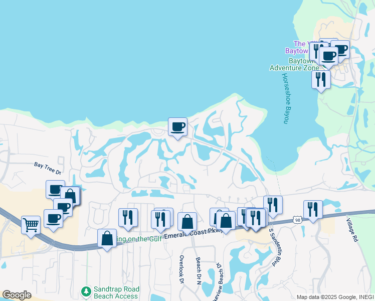 map of restaurants, bars, coffee shops, grocery stores, and more near 767 Sandpiper Drive in Miramar Beach