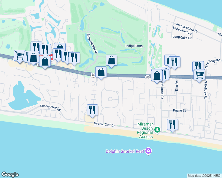 map of restaurants, bars, coffee shops, grocery stores, and more near 177 Sandy Cay Drive in Miramar Beach