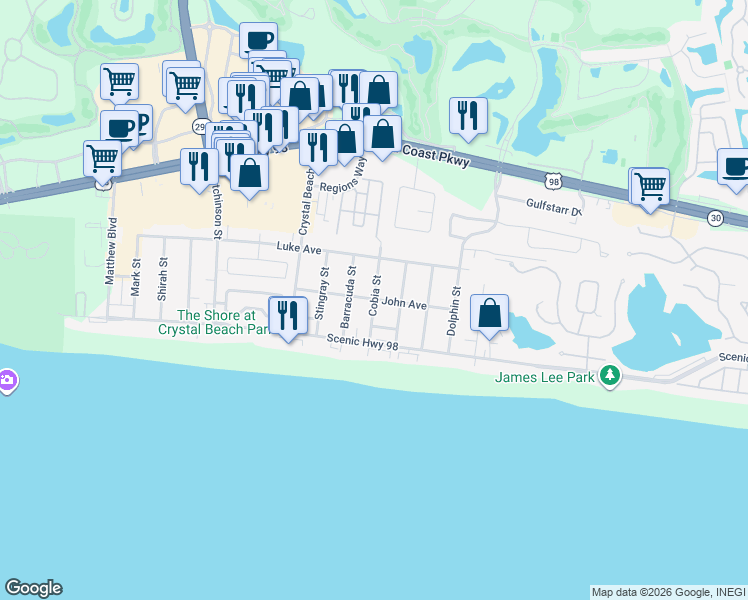 map of restaurants, bars, coffee shops, grocery stores, and more near 4542 John Avenue in Destin