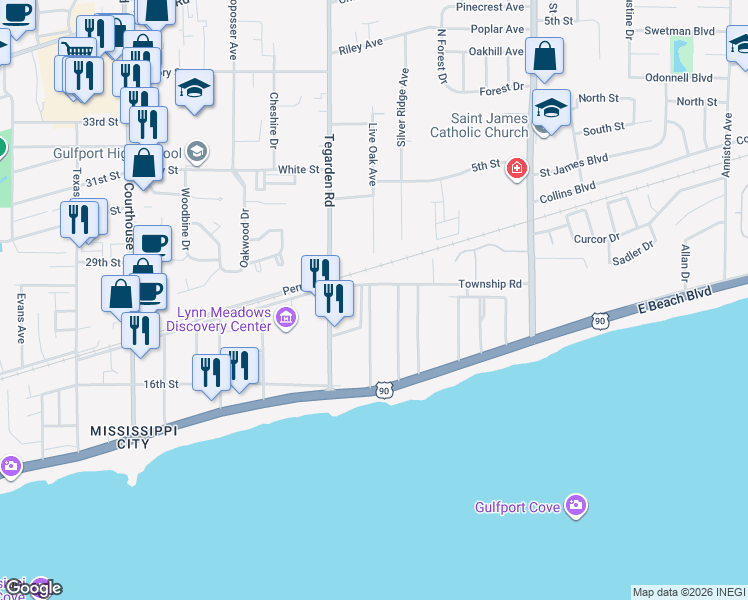 map of restaurants, bars, coffee shops, grocery stores, and more near 203 Markham Drive in Gulfport