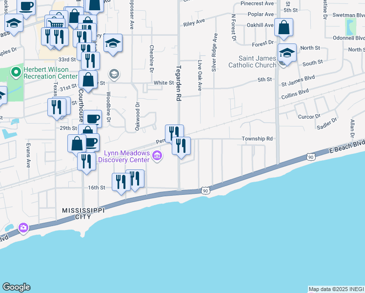 map of restaurants, bars, coffee shops, grocery stores, and more near 190 Tegarden Road in Gulfport