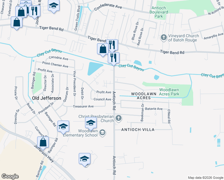 map of restaurants, bars, coffee shops, grocery stores, and more near 7450 Antioch Road in Baton Rouge