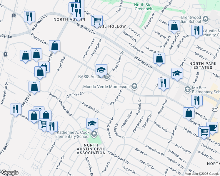 map of restaurants, bars, coffee shops, grocery stores, and more near 10805 Desert Trail in Austin