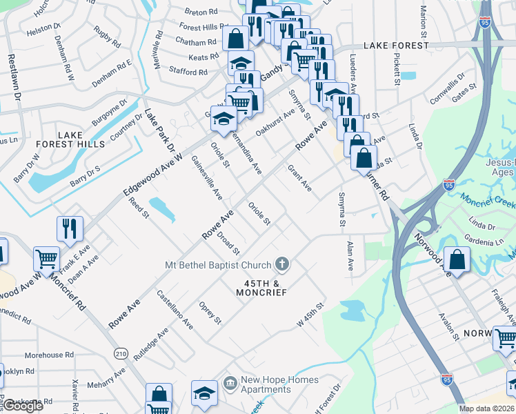 map of restaurants, bars, coffee shops, grocery stores, and more near 7463 Oriole Street in Jacksonville