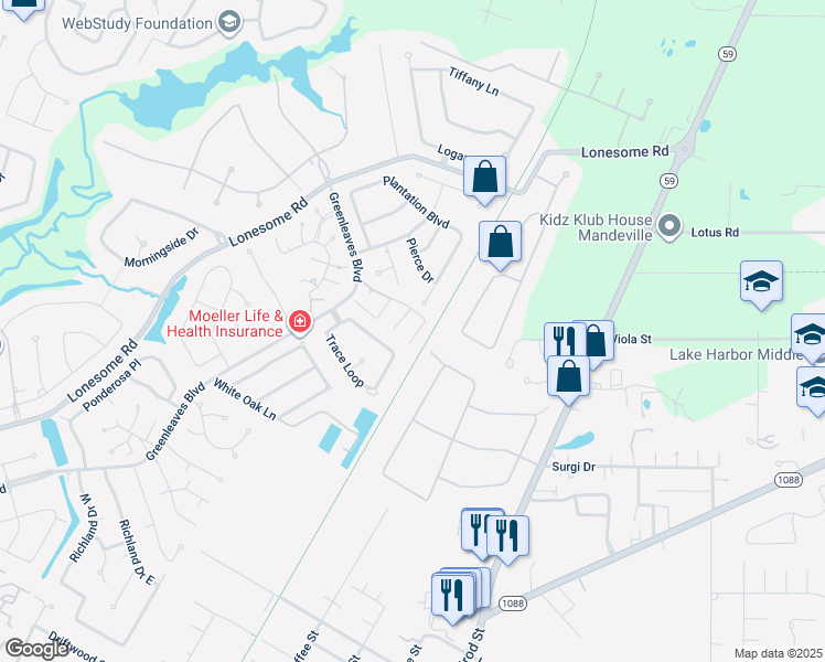 map of restaurants, bars, coffee shops, grocery stores, and more near 300/306 Pineridge Drive in Mandeville