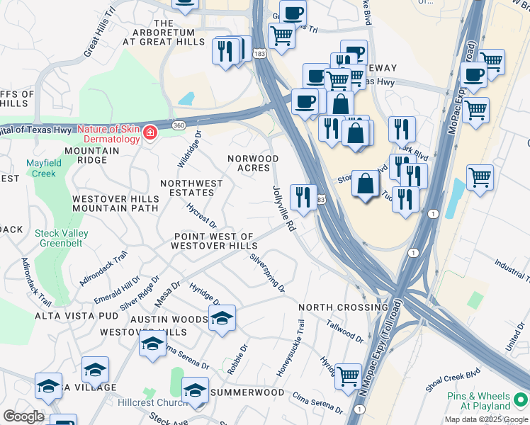 map of restaurants, bars, coffee shops, grocery stores, and more near 4004 Dominion Cove in Austin
