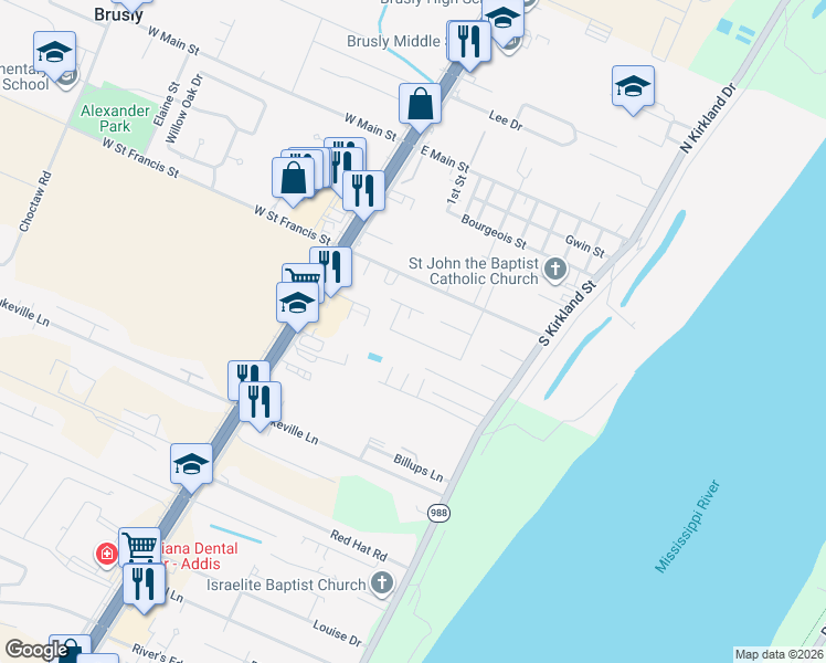 map of restaurants, bars, coffee shops, grocery stores, and more near 307 Gleason Street in Brusly