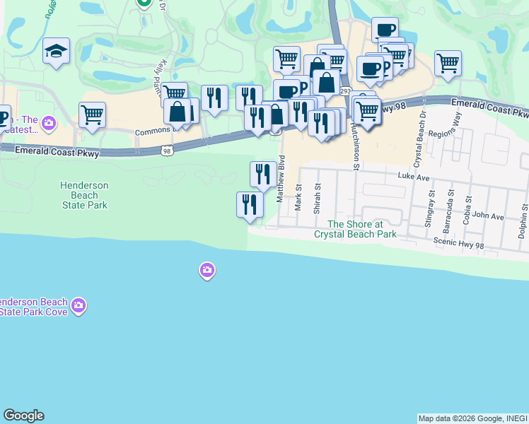 map of restaurants, bars, coffee shops, grocery stores, and more near 2701 Scenic Highway 98 in Destin