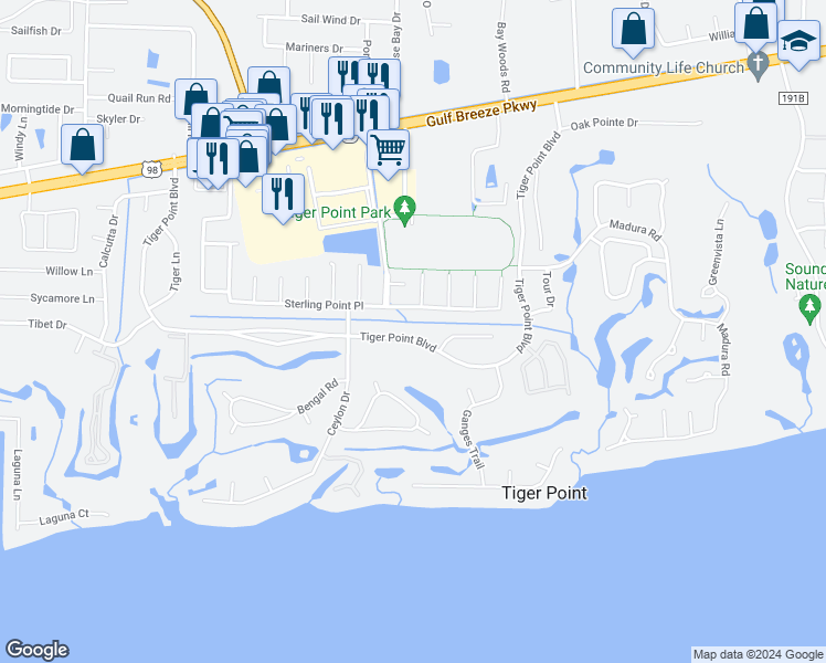map of restaurants, bars, coffee shops, grocery stores, and more near 3814 Tiger Point Boulevard in Gulf Breeze