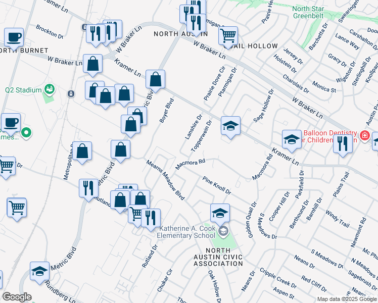 map of restaurants, bars, coffee shops, grocery stores, and more near 10611 Topperwein Drive in Austin