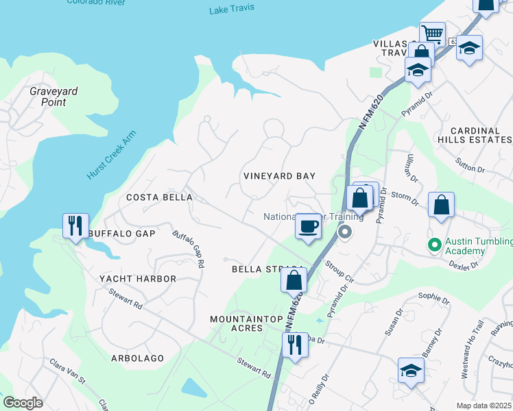 map of restaurants, bars, coffee shops, grocery stores, and more near 16032 Fontaine Avenue in Austin