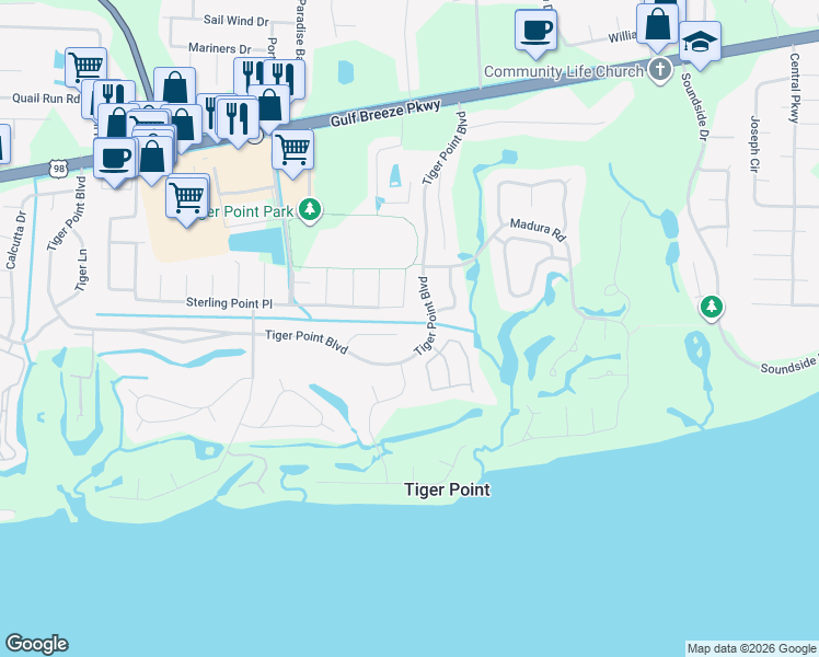 map of restaurants, bars, coffee shops, grocery stores, and more near 3916 India Cove in Gulf Breeze