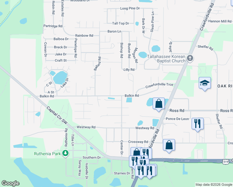map of restaurants, bars, coffee shops, grocery stores, and more near 1156 Balkin Road in Tallahassee