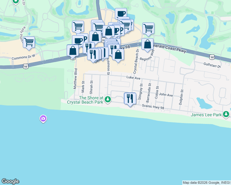 map of restaurants, bars, coffee shops, grocery stores, and more near 4455 Ocean View Drive in Destin