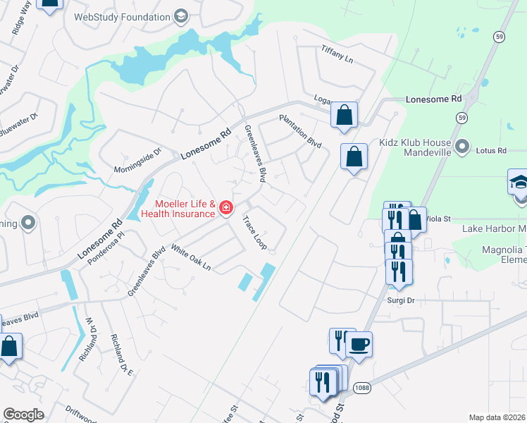 map of restaurants, bars, coffee shops, grocery stores, and more near 3 Trace Loop in Mandeville